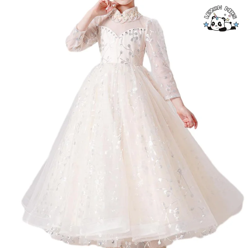 LEZONKIDS - Elegant White Floral Mesh Three quarter Sleeves Girls Evening Dress Flower Girl Dress